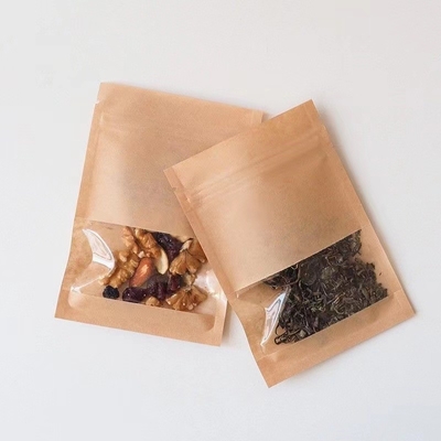 Custom Moisture Proof Resealable Flat Pouch Kraft Paper Ziplock Bag With Window For Tea Coffee Bean