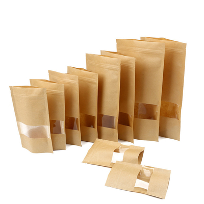 Custom Doypack Brown Kraft Biodegradable Craft Paper Stand Up Pouches Food Packaging Zipper Bags With Window